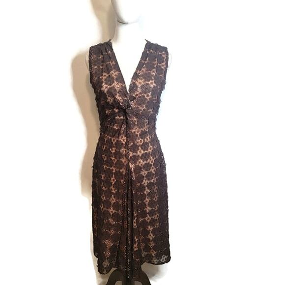Eva Franco V Neck Sleeveless Lace Overlay Brown A Line Midi Dress Size 6 - Picture 13 of 16